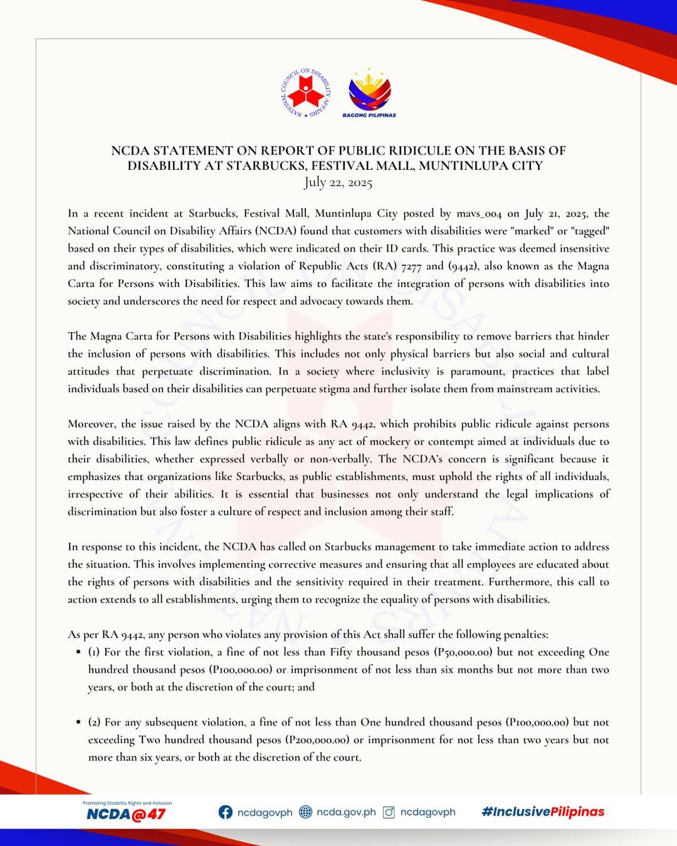 NCDA Statement on report of public ridicule on the basis of disability at Starbucks Festival Mall